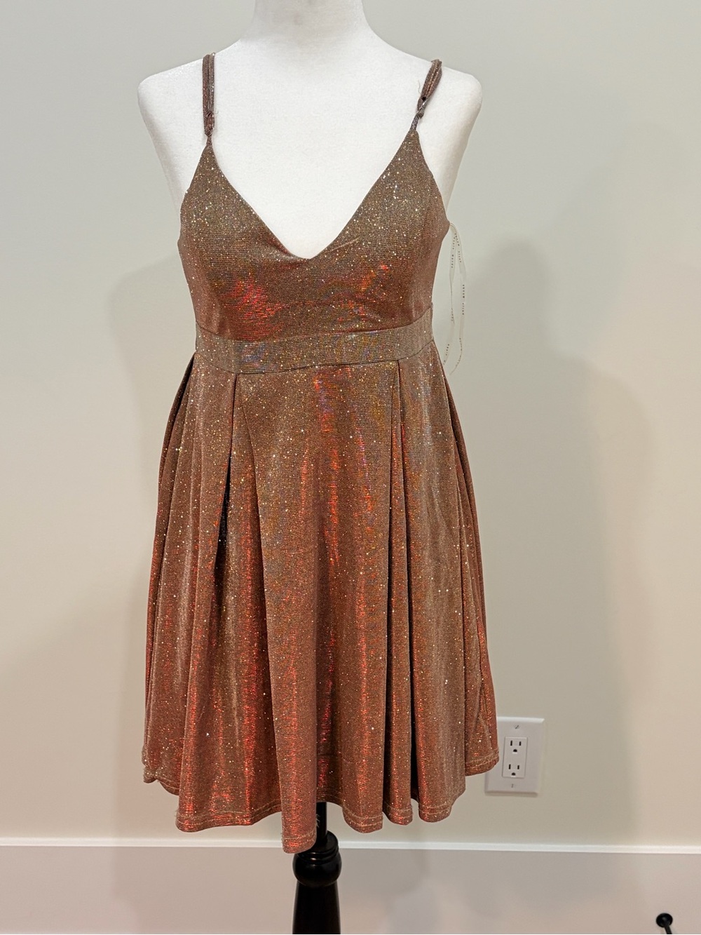 Sparkle A-Line Spaghetti Strap Dress in Bronze
